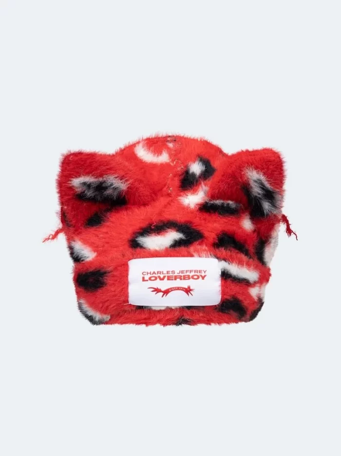 Fluffy Chunky Ears Beanie Red Leopard