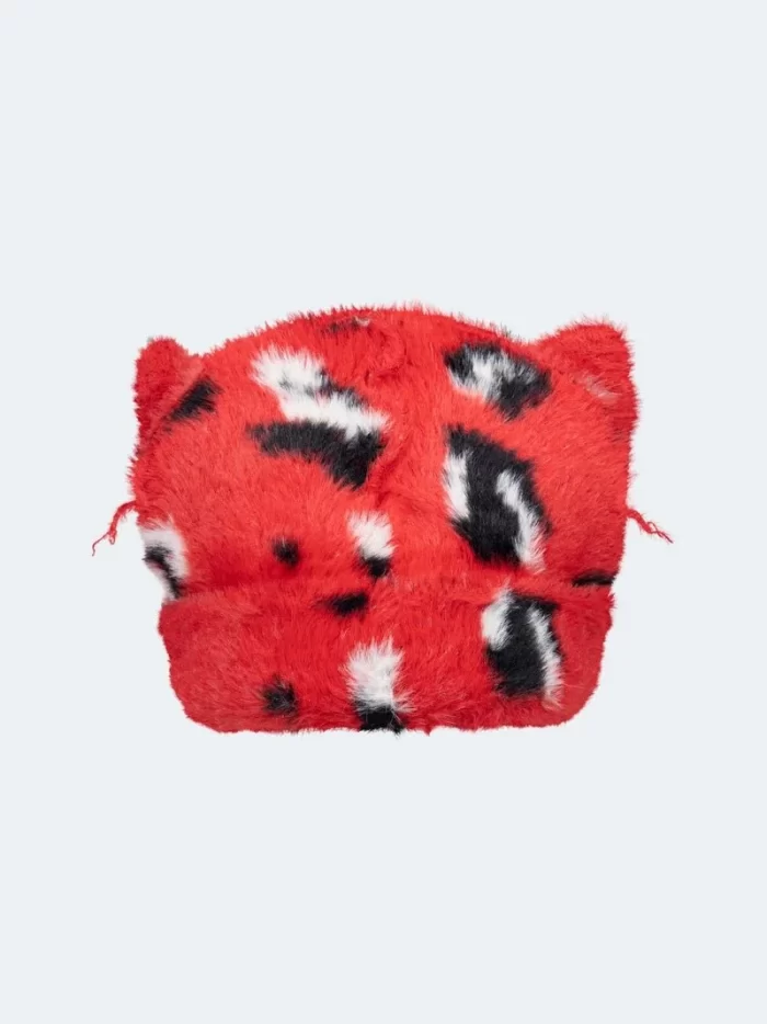 Fluffy Chunky Ears Beanie Red Leopard