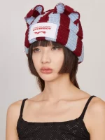 Striped Ears Beanie – Sky Burgundy